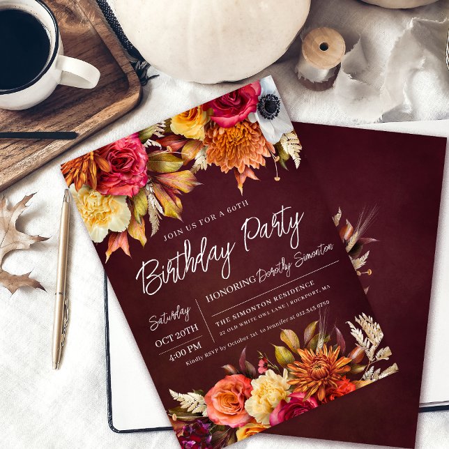 Fall Burgundy Flowers Chic Script 60th Birthday Invitation (Elegant 60th Birthday Party Invitation. Earth colors perfect for a fall celebration!)