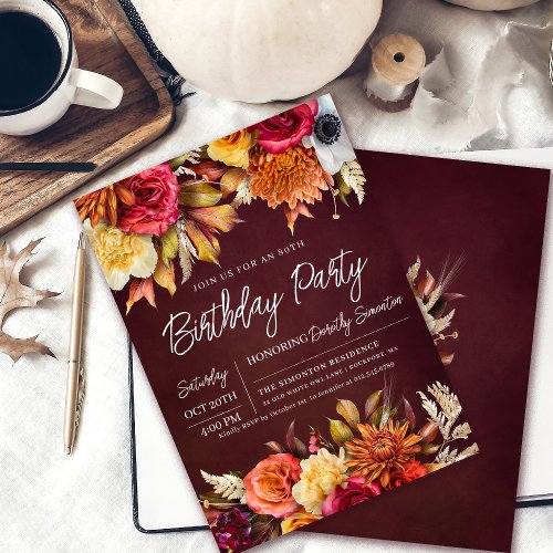 Fall Burgundy Flowers Chic Script 80th Birthday Invitation