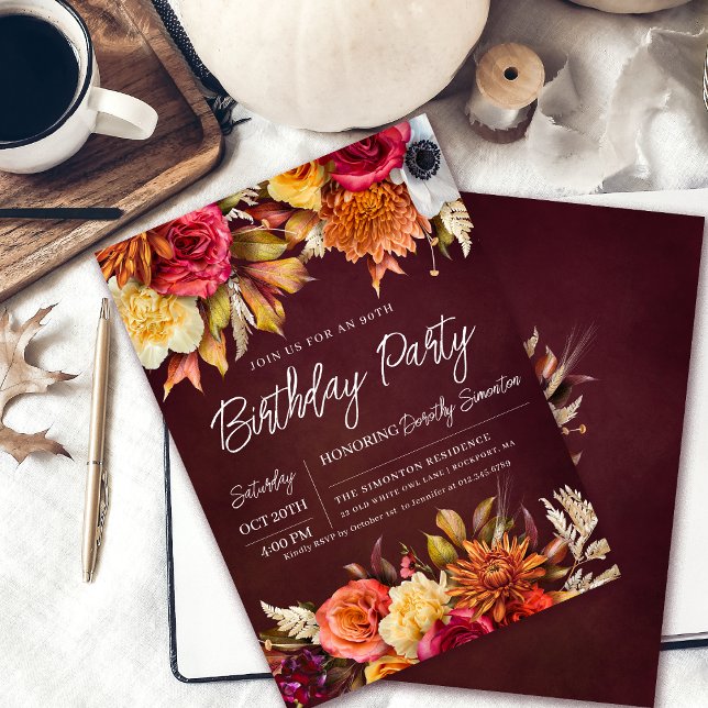 Fall Burgundy Flowers Chic Script 90th Birthday Invitation (Creator Uploaded)