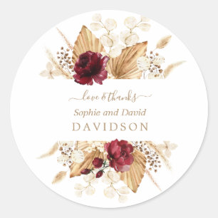 Fall Burgundy Flowers Pampas Grass Palm Wedding Classic Round Sticker