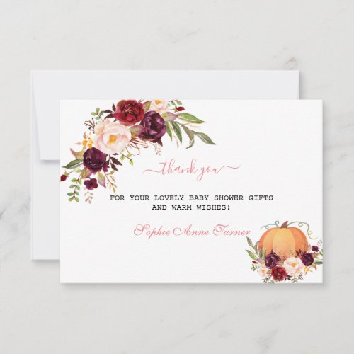 Fall Burgundy Flowers Pumpkin Virtual Baby Shower Thank You Card