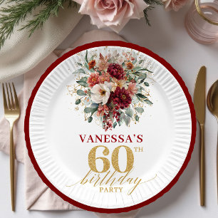 Fall Burgundy Gold Eucalyptus 60th Birthday Paper Plates