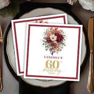 Fall Burgundy Gold Eucalyptus 60th Birthday Party Napkins
