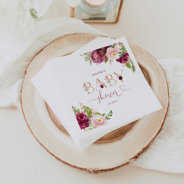 Fall burgundy gold floral baby shower napkins (Creator Uploaded)