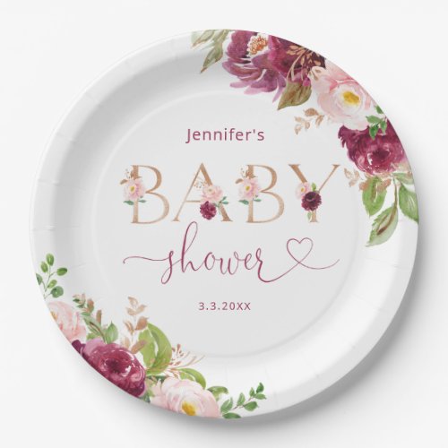 Fall burgundy gold floral baby shower paper plates