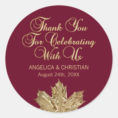 Fall Burgundy Gold Maple Leaf Thank You Wedding Classic Round Sticker