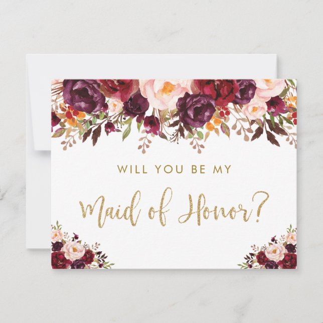 Fall Burgundy Marsala Floral Be My Maid of Honor Invitation (Front)