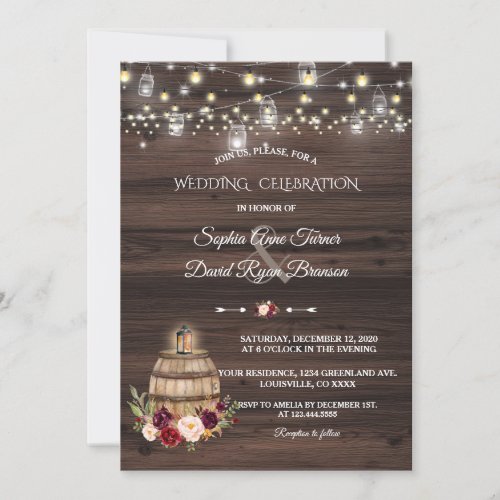 Fall Burgundy Marsala Wine Barrel Floral Wedding Invitation