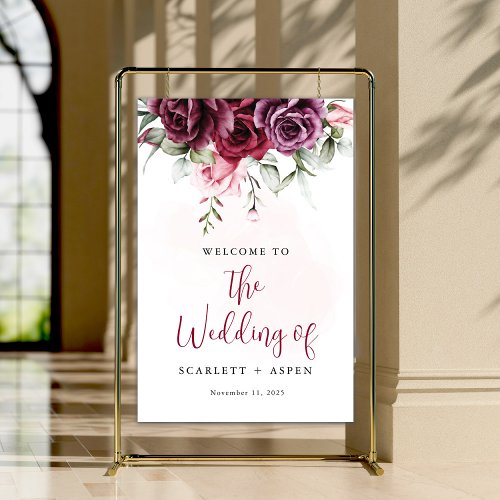 Fall Burgundy Merlot Floral Welcome Sign