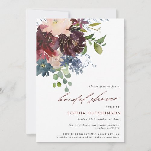 Fall Burgundy  Navy Floral Bridal Shower Invitation