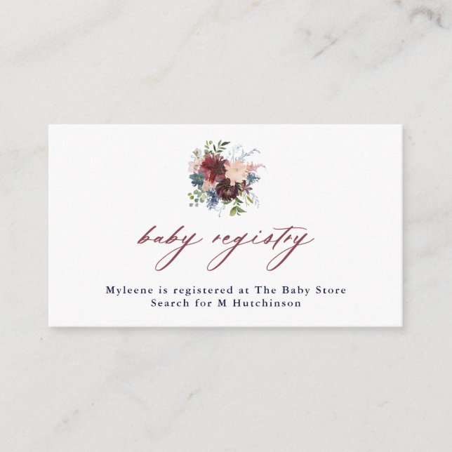 Fall Burgundy & Navy Flowers Baby Registry Enclosure Card (Front)