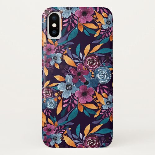 Fall Burgundy Navy Mustard Watercolor Flowers Art iPhone X Case