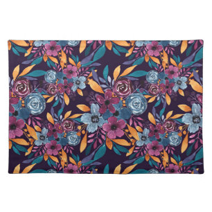 Fall Burgundy Navy Mustard Watercolor Flowers Art Cloth Placemat