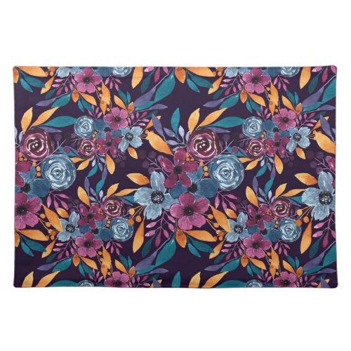 Fall Burgundy Navy Mustard Watercolor Flowers Art Cloth Placemat
