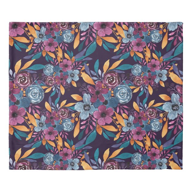 Fall Burgundy Navy Mustard Watercolor Flowers Art Duvet Cover (Front)