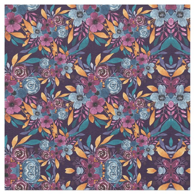 Fall Burgundy Navy Mustard Watercolor Flowers Art Fabric (Close Up)