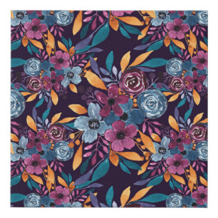 Fall Burgundy Navy Mustard Watercolor Flowers Art Faux Canvas Print