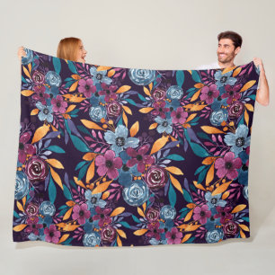 Fall Burgundy Navy Mustard Watercolor Flowers Art Fleece Blanket