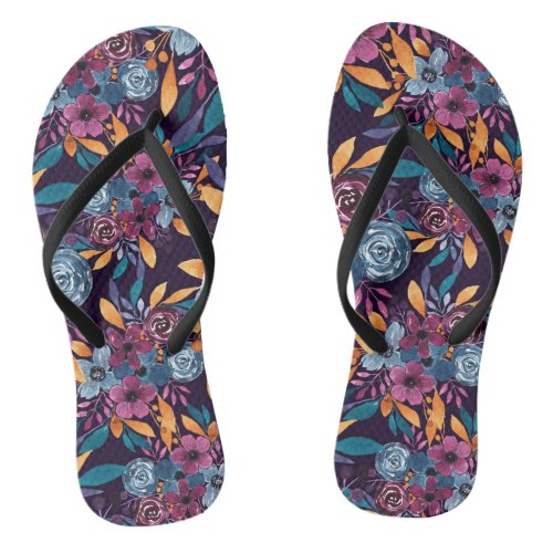 Fall Burgundy Navy Mustard Watercolor Flowers Art Flip Flops