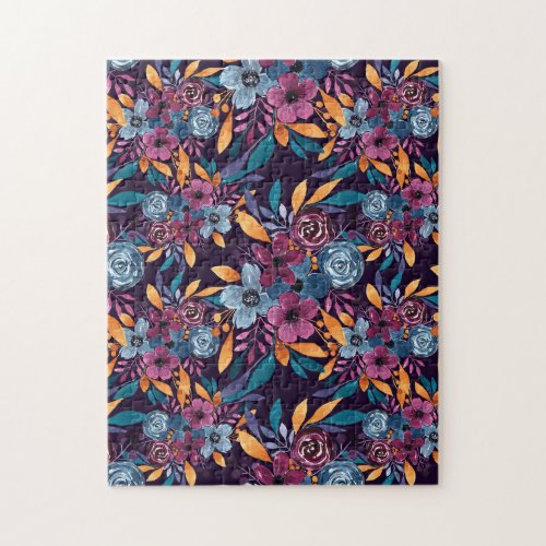 Fall Burgundy Navy Mustard Watercolor Flowers Art Jigsaw Puzzle