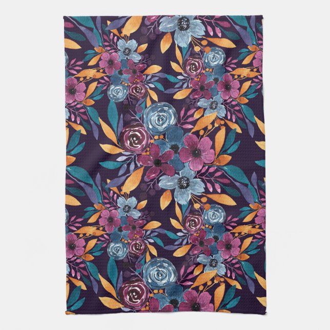 Fall Burgundy Navy Mustard Watercolor Flowers Art Kitchen Towel (Vertical)