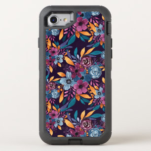 Fall Burgundy Navy Mustard Watercolor Flowers Art OtterBox Defender iPhone SE/8/7 Case