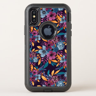 Fall Burgundy Navy Mustard Watercolor Flowers Art OtterBox Defender iPhone X Case
