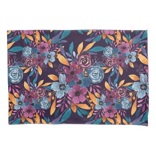 Fall Burgundy Navy Mustard Watercolor Flowers Art Pillow Case