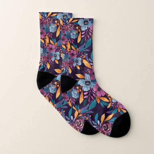 Fall Burgundy Navy Mustard Watercolor Flowers Art Socks