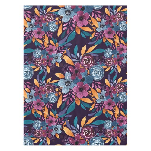 Fall Burgundy Navy Mustard Watercolor Flowers Art Tablecloth