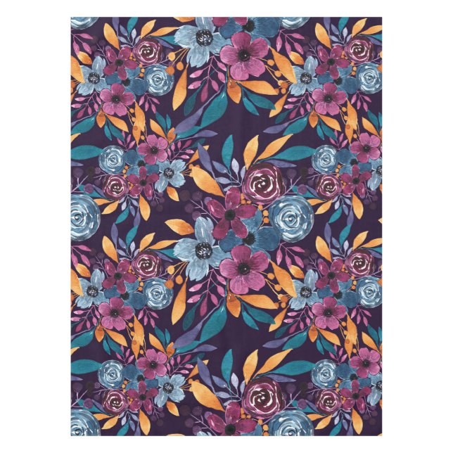 Fall Burgundy Navy Mustard Watercolor Flowers Art Tablecloth (Front)