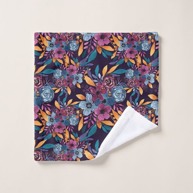 Fall Burgundy Navy Mustard Watercolor Flowers Art Wash Cloth (Wash Cloth)