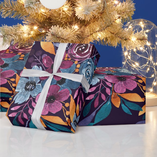 Fall Burgundy Navy Mustard Watercolor Flowers Art Wrapping Paper (Holidays)