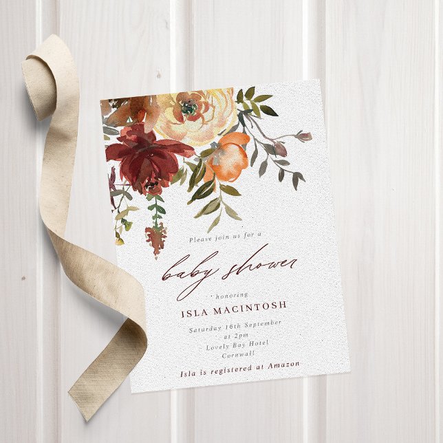 Fall Burgundy & Orange Floral Baby Shower Invitation (Creator Uploaded)