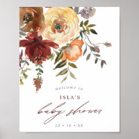 Fall Burgundy & Orange Floral Baby Shower Welcome Poster