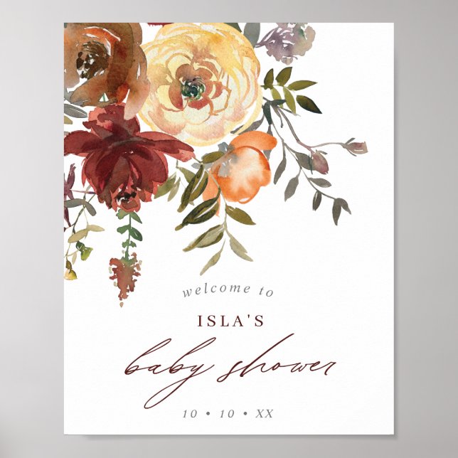 Fall Burgundy & Orange Floral Baby Shower Welcome Poster (Front)