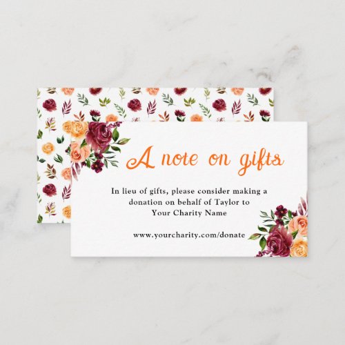 Fall Burgundy Orange Floral Birthday Note On Gifts Enclosure Card