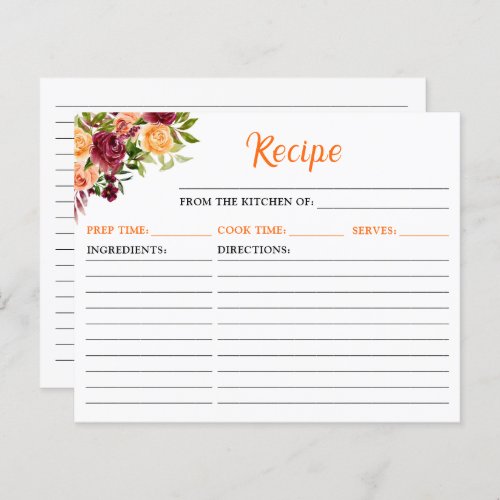 Fall Burgundy Orange Floral Recipe Card