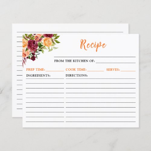 Fall Burgundy Orange Floral Recipe Card