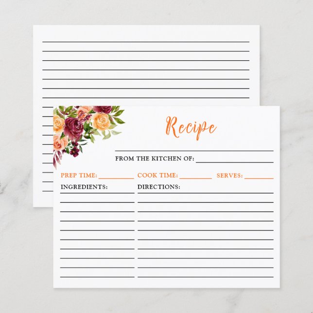 Fall Burgundy Orange Floral Recipe Card (Front/Back)
