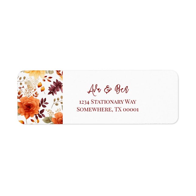 Fall Burgundy Orange Floral Rustic Wedding Address Label (Front)
