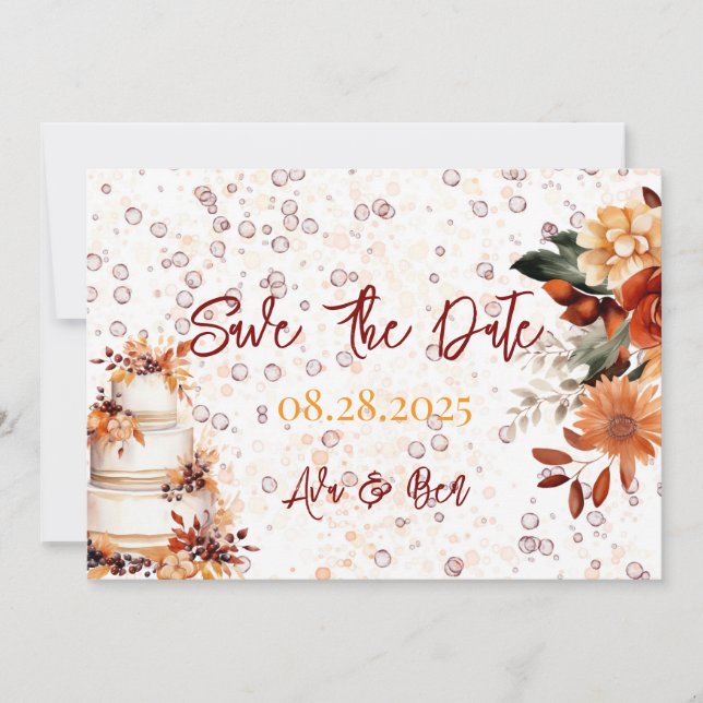 Fall Burgundy Orange Floral Save The Date Card (Front)