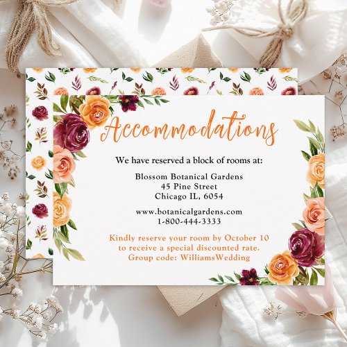 Fall Burgundy Orange Floral Wedding Accommodations Enclosure Card