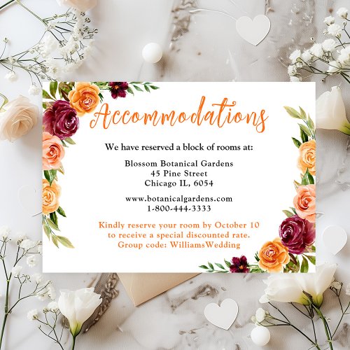 Fall Burgundy Orange Floral Wedding Accommodations Enclosure Card