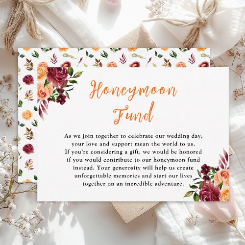 Fall Burgundy Orange Floral Wedding Honeymoon Fund Enclosure Card