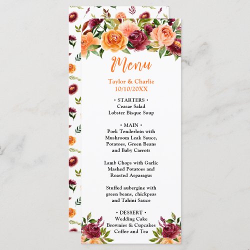 Fall Burgundy Orange Floral Wedding Menu