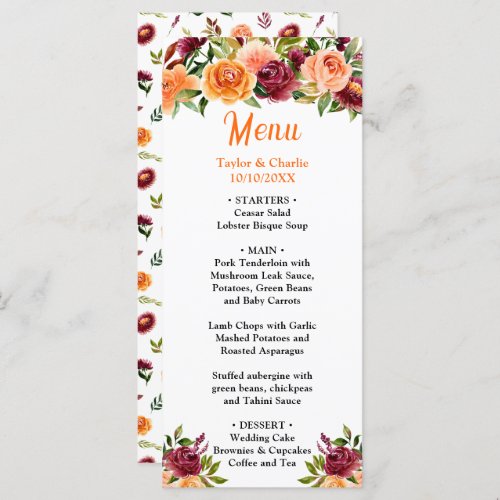 Fall Burgundy Orange Floral Wedding Menu