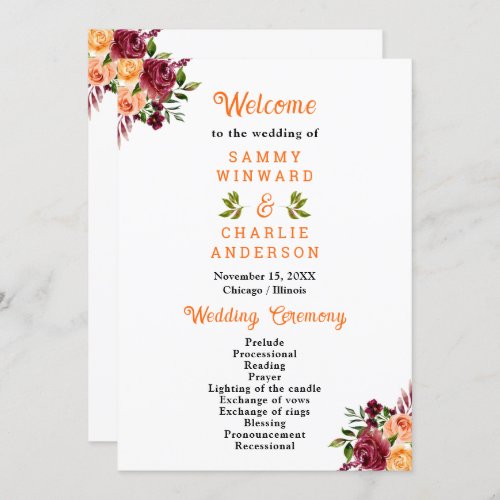 Fall Burgundy Orange Floral Wedding Program