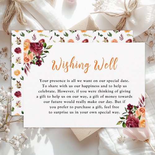 Fall Burgundy Orange Floral Wedding Wishing Well Enclosure Card