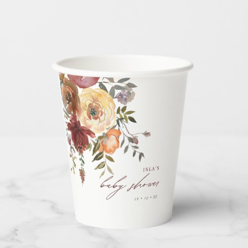 Fall Burgundy  Orange Flowers Baby Shower Paper Cups